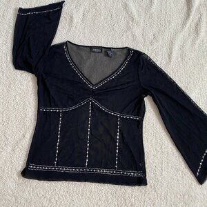 Y2K Sheer Black NYC Beaded Black Top sz L